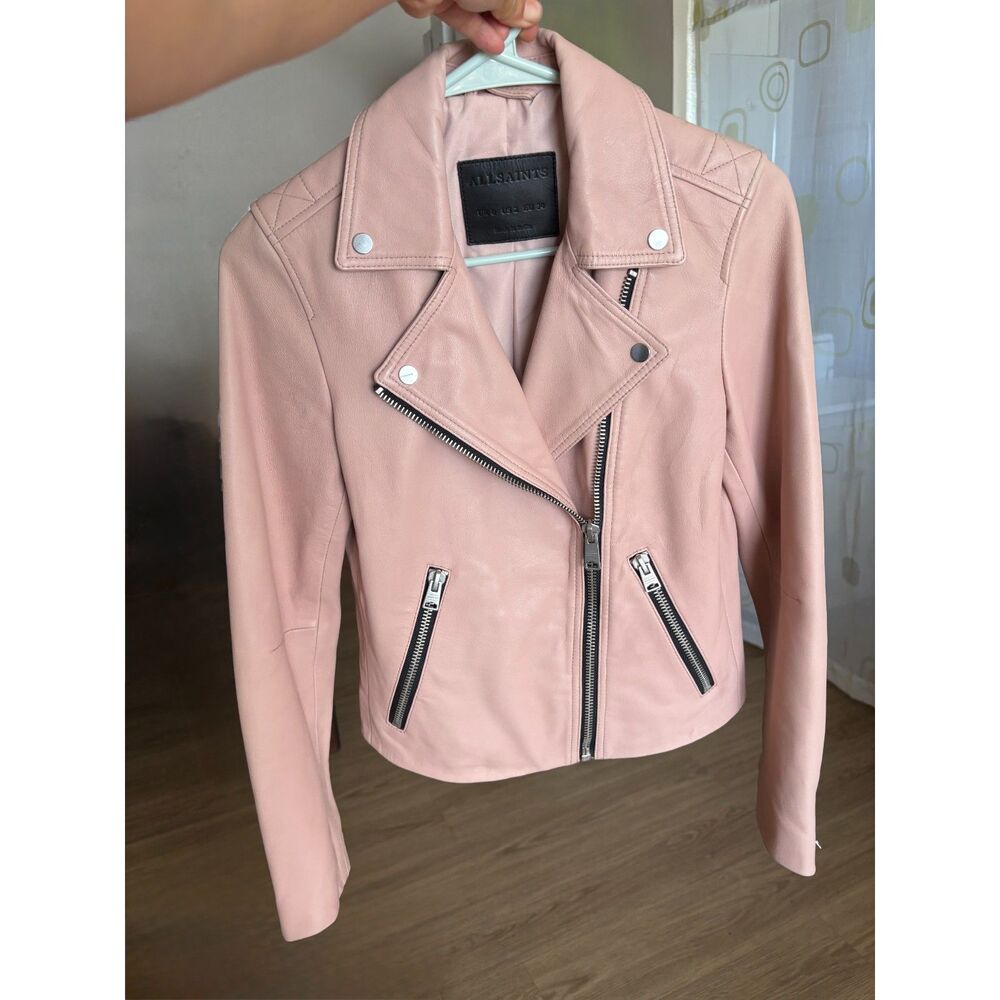 AllSaints Dalby Lambskin Leather Biker Jacket in Blush Pink - UK6 US 2 Authentic